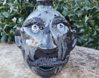 Pottery Black and Gray Face Jug with Round Nose Outsider Folk Art Ceramic by Billy Joe Craven | 8" x 6"