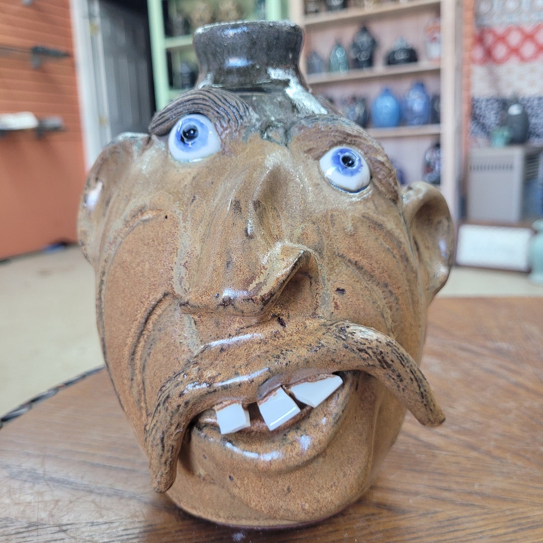 Handmade Pottery Golden Butternut and Tobacco Spit Glazed Face Jug