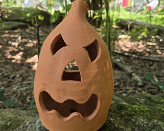 Handmade Terra Cotta Jack-o'-lantern Red Clay Pumpkin | 10" Tall