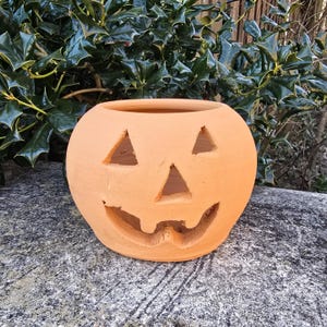 May include: A terracotta pumpkin-shaped planter with a carved jack-o'-lantern face. The planter has a wide opening at the top and a rounded bottom.