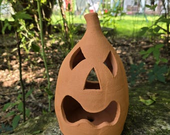 Handmade Folk Pottery Jack O'Lantern by Harold Ferguson | Georgia Red Clay Pumpkin Luminary | Halloween Decor | Gillsville GA Pottery | 11"