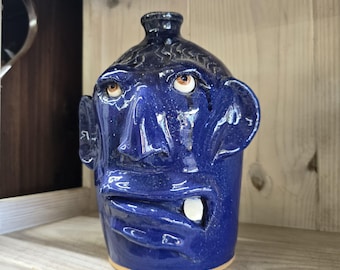 Cobalt One Tooth Face Jug Folk Pottery by Billy Joe Craven | 10" x 7"