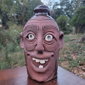 Folk Art Pottery Brown Face Jug by Savannah Craven | 10&quot; x 6&quot;