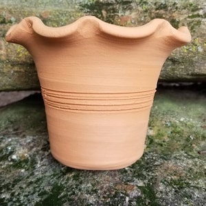 May include: A small, unglazed terracotta pot with a ruffled rim. The pot has horizontal grooves around the middle and a slightly flared shape. The pot is sitting on a mossy rock.