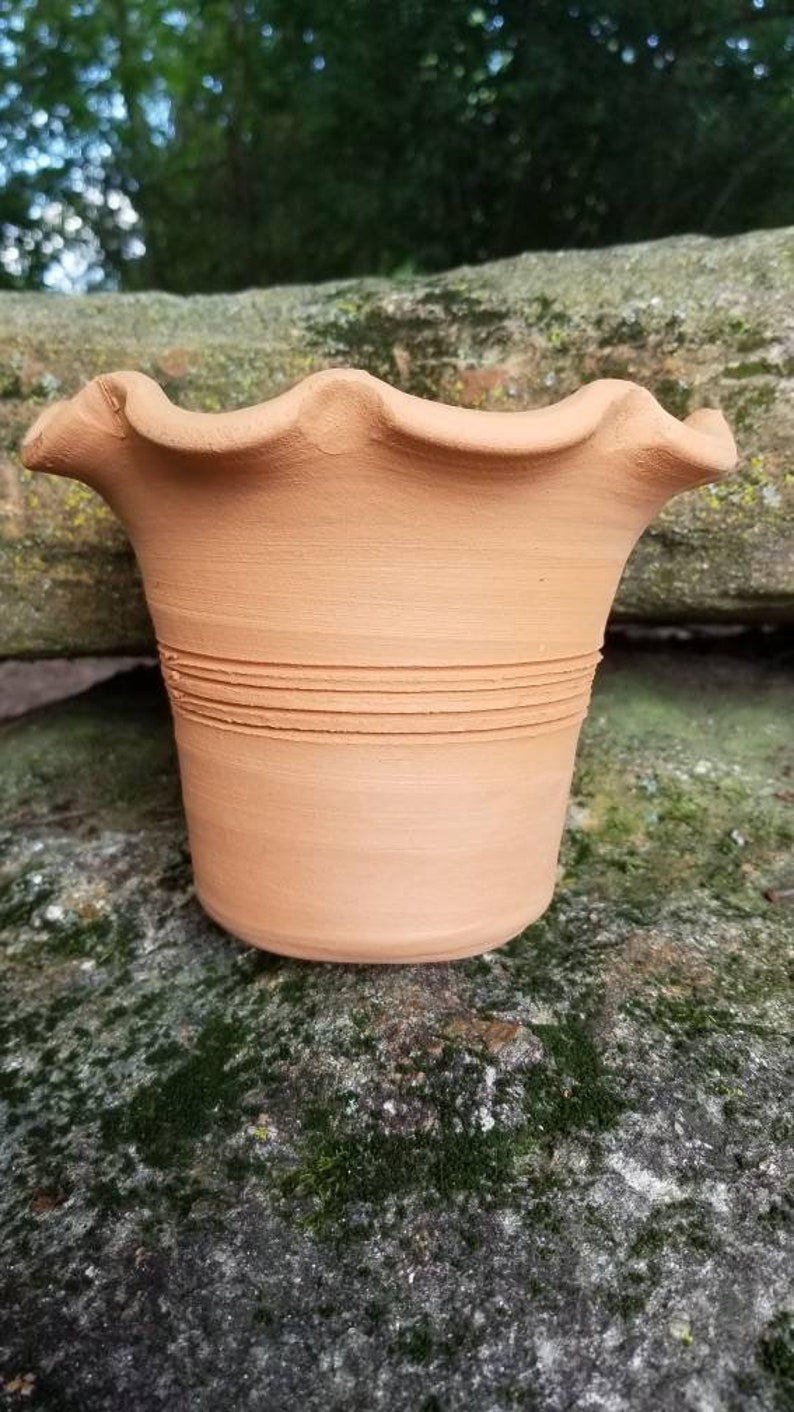 May include: A small, unglazed terracotta pot with a ruffled rim. The pot has horizontal grooves around the middle and a slightly flared shape. The pot is sitting on a mossy rock.