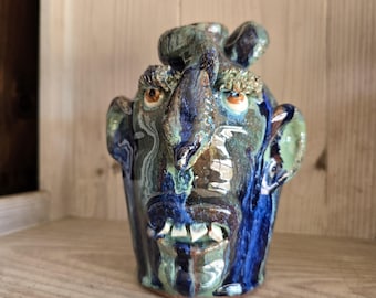 Folk Art Pottery Face Jug with Snake by Billy Joe Craven | 10" x 6"