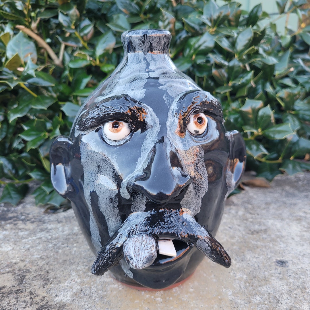 Handmade Clay Folk Art Pottery Ceramic Face Jug With Cigar by Billy Joe Craven 8.5 X 6 Etsy