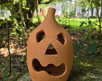 Handmade Folk Pottery Jack O'Lantern by Harold Ferguson | Georgia Red Clay Pumpkin Luminary | Halloween Decor | Gillsville GA Pottery | 11"