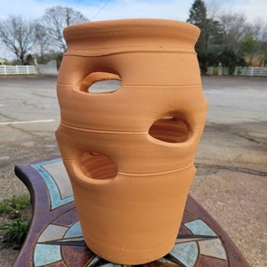 May include: A terracotta strawberry pot with multiple openings for planting. The pot has a cylindrical shape with horizontal ridges and several large, round openings. The unglazed clay has a warm, earthy tone, perfect for a garden or patio.