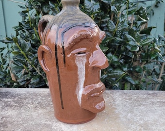 Folk Pottery Ceramic Sad Eyeless Brown Crying Eyes Face Jug with Tears by Billy Joe Craven