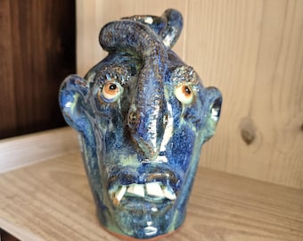 Folk Art Pottery Face Jug with Snake by Billy Joe Craven | 10" x 6"