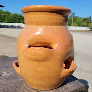 Craven Pottery Handmade Large Pocket 6-Hole Strawberry Jar Succulent Planter with Orange and Yellow Speckled Glaze