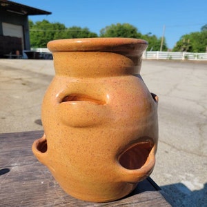 Handmade Pottery Strawberry Jar Planter: Speckled Orange Glaze