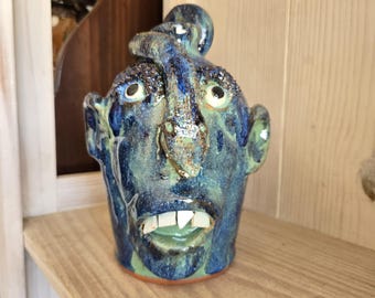 Folk Art Pottery Face Jug with Snake by Billy Joe Craven | 10" x 6"