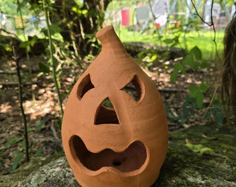 Handmade Folk Pottery Jack O'Lantern by Harold Ferguson | Georgia Red Clay Pumpkin Luminary | Halloween Decor | Gillsville GA Pottery | 11"