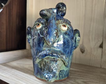 Folk Art Pottery Face Jug with Snake by Billy Joe Craven | 10" x 6"
