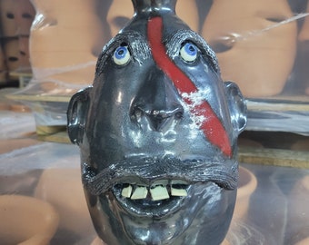 Handmade Clay Metallic Pewter Gray and Red Glazed Ceramic Face Jug by Billy Joe Craven | 11.25" x 7"