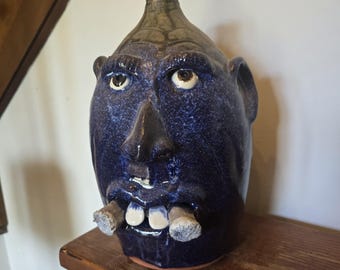 Handmade Clay Double Cigar Smoking Cobalt Blue Face Jug by Billy Joe Craven | 12.25" x 8"
