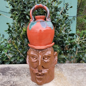 Handmade Folk Art Face Jug with Hat by Savannah Craven (15.25&quot; Tall)