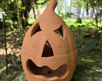 Handmade Terra Cotta Jack-o'-lantern Red Clay Pumpkin | 10" Tall