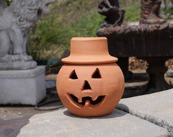 1 Quart Terra Cotta Jack-o'-lantern Pumpkin with Hat from Craven Pottery