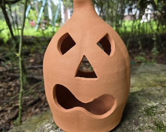 Handmade Folk Pottery Jack O'Lantern by Harold Ferguson | Georgia Red Clay Pumpkin Luminary | Halloween Decor | Gillsville GA Pottery | 11"