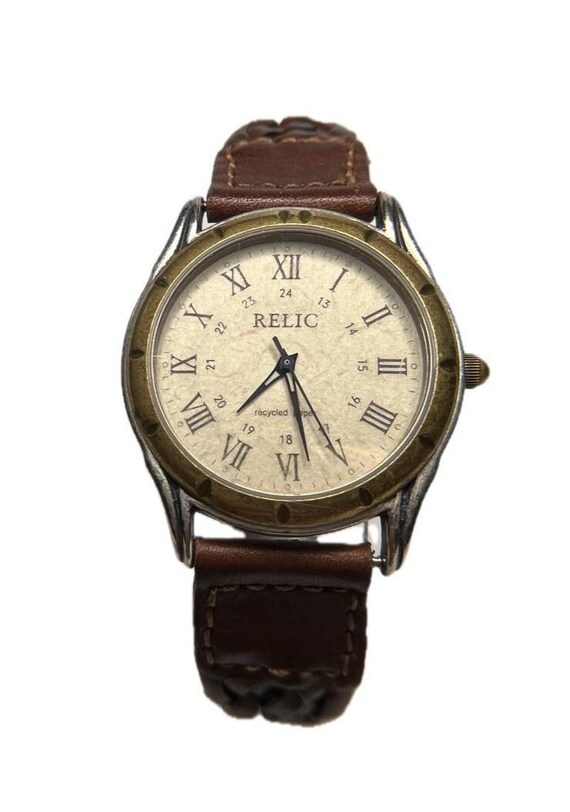 Relic Brown Leather Watch: Silver Gold Stainless Steel Case