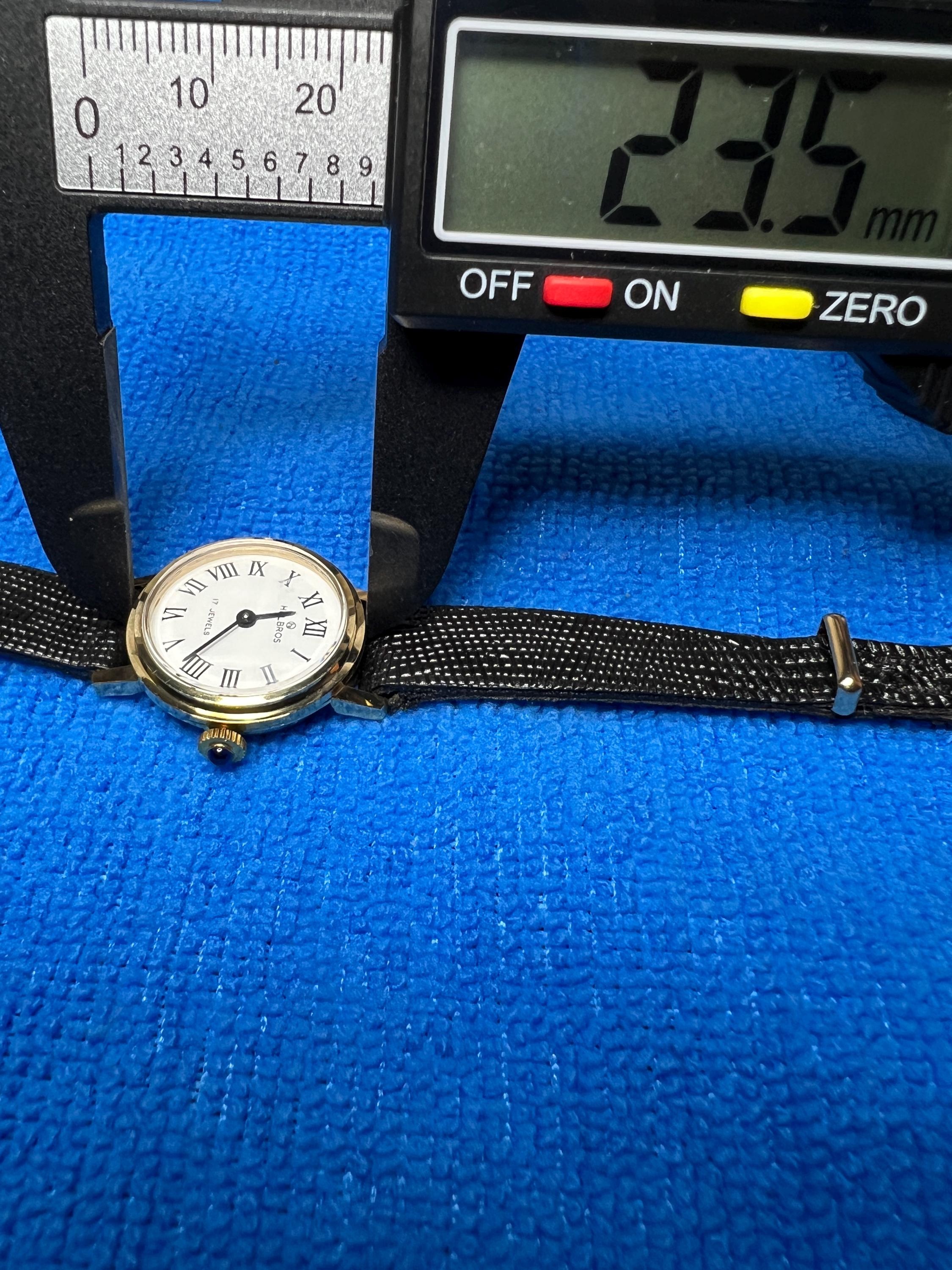 Vintage Helbros Ladies Watch: 10kt Rolled Gold, Black Leather Band
