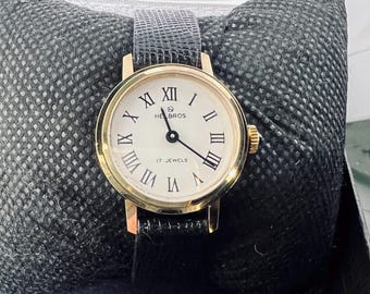 Vintage Helbros Ladies Watch: 10kt Rolled Gold, Black Leather Band