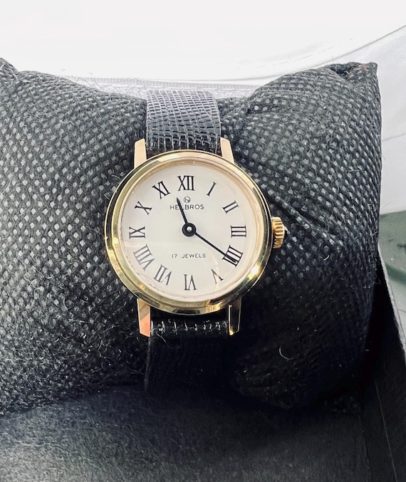 Vintage Helbros Ladies Watch: 10kt Rolled Gold, Black Leather Band - Main Image