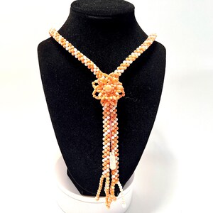 Vintage Coral Lariat Necklace: Handmade Floral Tassel, 34&quot; Adjustable