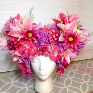 Pink and purple Floral headpiece wig-drag,flower child hippie priscilla queen of the desert halloween