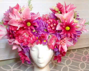 Pink and purple Floral headpiece wig-drag,flower child hippie priscilla queen of the desert halloween