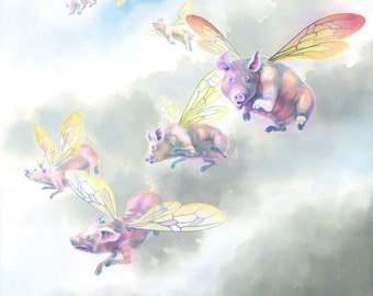 Flying pigs! - "The Pigs of High Ham" - art print from a painting by Nancy Farmer. Fairytale, clouds, bumblebee wings, sky.