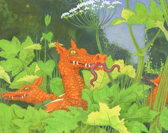 Dragon picture - "Ditch Dragons" - print for dragon-lovers and nature-lovers by Nancy Farmer - tiny hedgerows dragons, nettles and hogweed