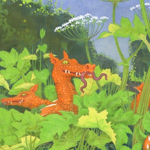 Dragon picture - &quot;Ditch Dragons&quot; - print for dragon-lovers and nature-lovers by Nancy Farmer - tiny hedgerows dragons, nettles and hogweed