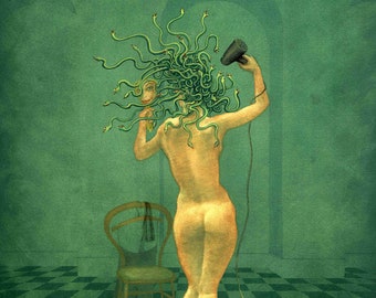 Medusa and the Hairdryer - art print by Nancy Farmer. For Medusa lovers, a perfect gift. Goddess drying her snakes with a hairdryer.
