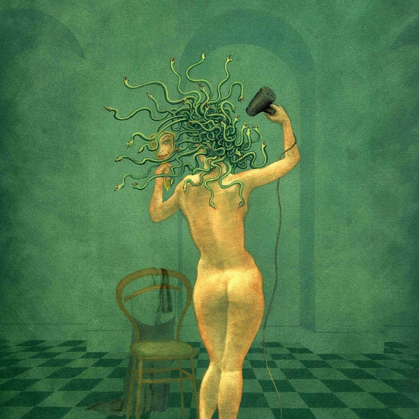Medusa en de föhn - kunstprint van Nancy Farmer. Voor Medusa-liefhebbers: een perfect cadeau. Godin droogt haar slangen af met een haardroger.