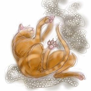 wenskaart: "Arthur helpt met de noppenfolie" - levendige grappige gemberkattekening. Kattenliefhebber cadeau, kunstkaart van Nancy Farmer.