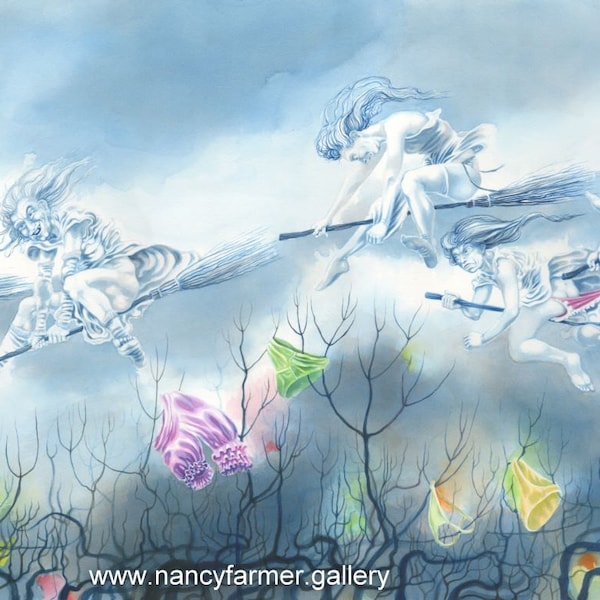 art print by Nancy Farmer - "Maiden Flight" - a picture about Witches' Knickers!