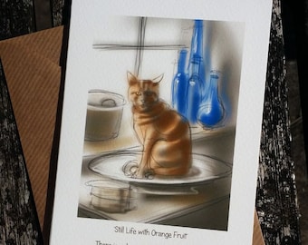 Funny cat greetings card: 'Still Life with Orange Fruit' -  cat logic, ginger cat in the fruit bowl. Birthday / valentine card.