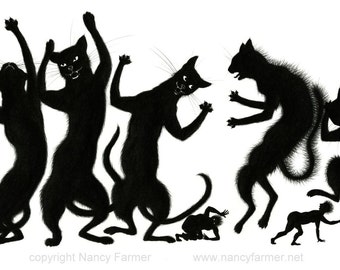 Art print: "Noisy Guests arrived, and scared the Pets" - sillhouette of huge cats and tiny humans