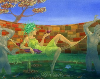 Medusa art print - "Medusa's Hammock" - picture of the classical Femme Fatalle, monster, goddes. Print of a fantasy painting by Nancy Farmer