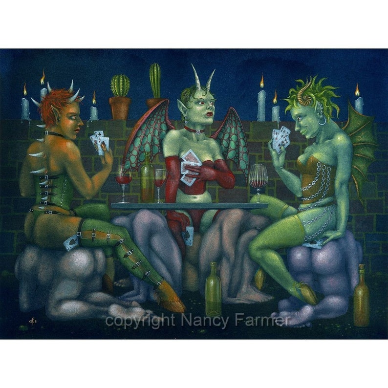 Five Aces cheating at cards in Hell art print image 1
