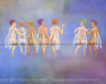 Seven Birds on a Wire - fairy art print