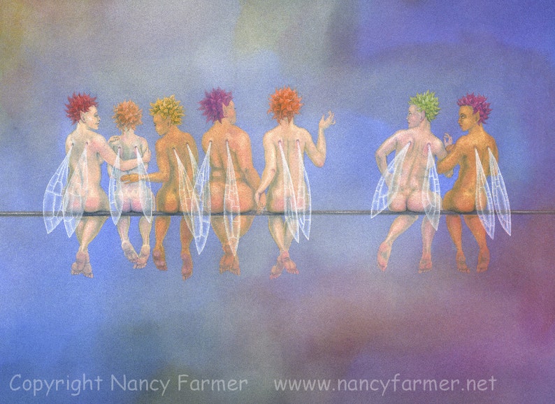Seven Birds on a Wire fairy art print image 1