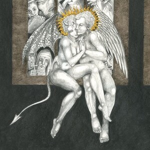 Art print The Marriage of Heaven and Hell drawing of angel & devil kissing outside a church. Love, religion, inspired by William Blake image 5