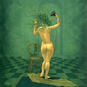 Painting of Medusa drying her snakes with a hairdryer - by Nancy Farmer