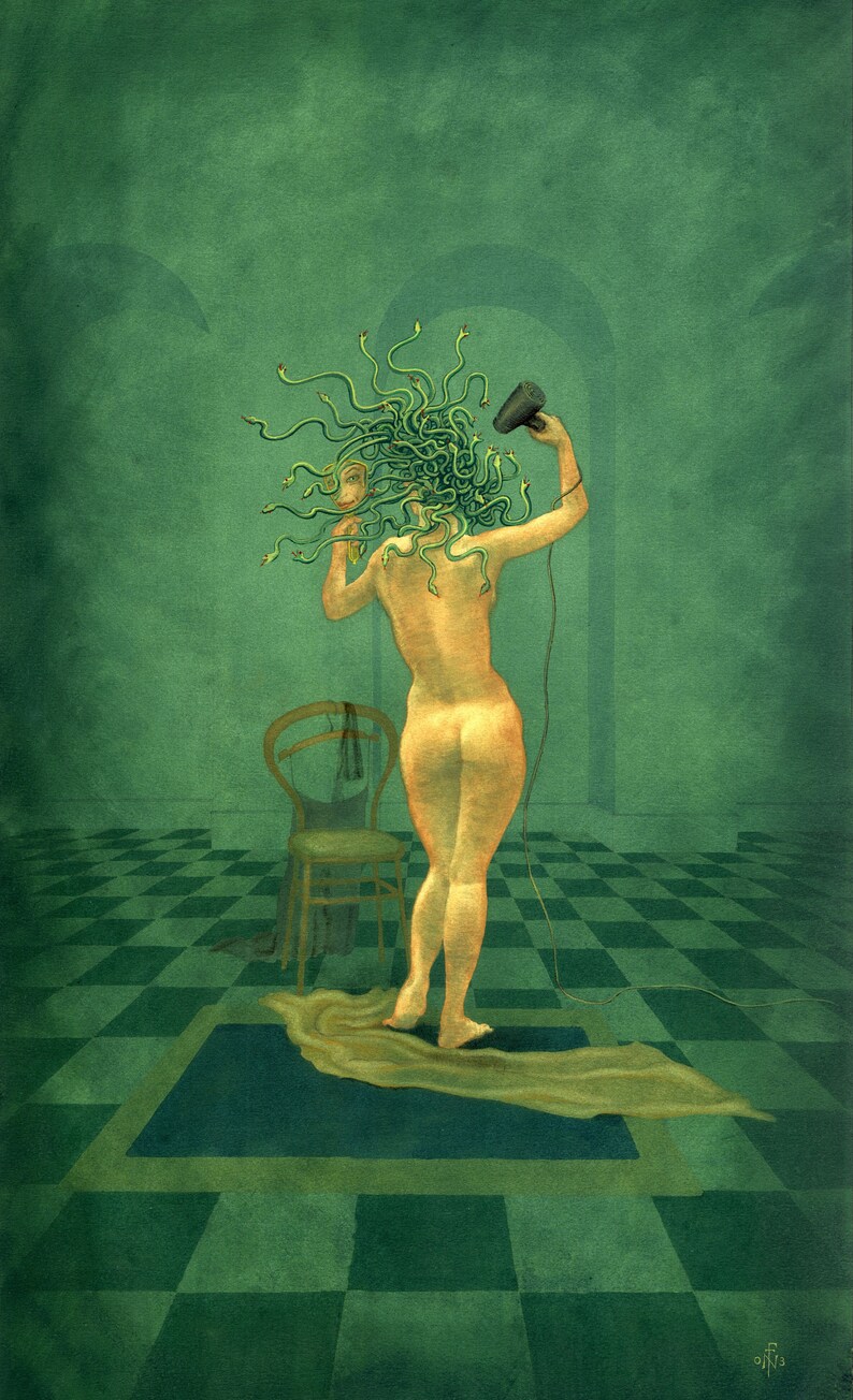 Painting of Medusa drying her snakes with a hairdryer - by Nancy Farmer