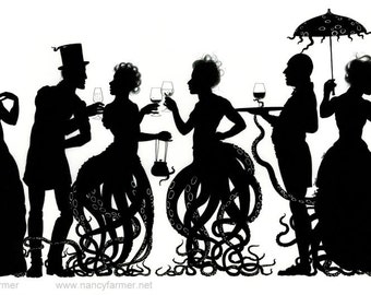 The Octoparty - art print - octopus / craken people in sinister silhouette